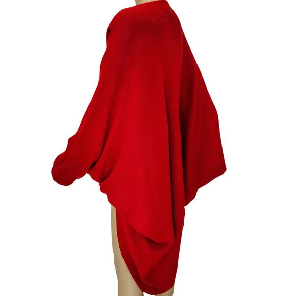 1980s Red Knit Cardigan Open Front Pleated Shoulder Round Hem Sweater One Size - Picture 3 of 9